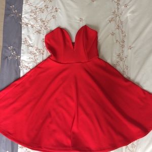Strapless red dress with plunging neckline!