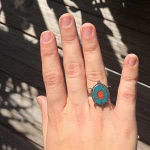 Turquoise and coral turtle ring - size 7 🐢