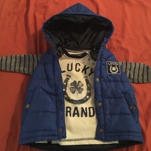 Hooded vest with long sleeve under shirt