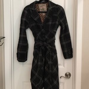 Black and gray plaid trench coat