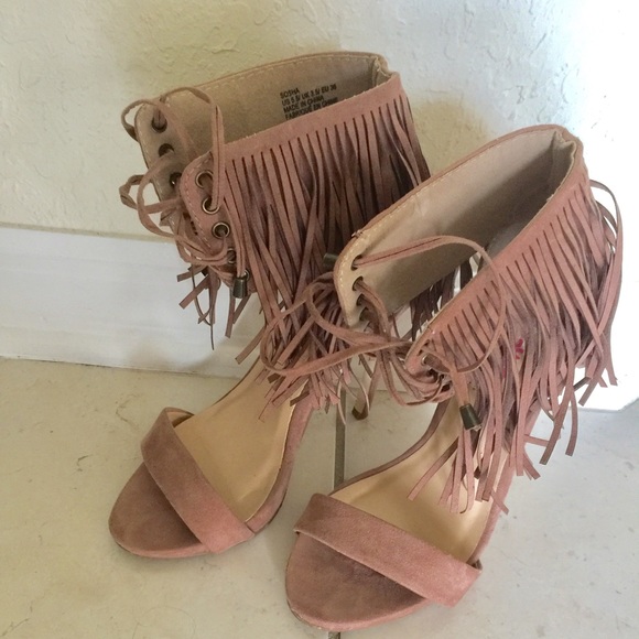 Tan fringed heels