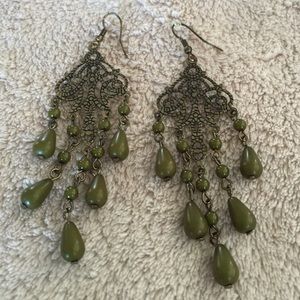 Antique Gold Color w/ Olive Green Stones Earrings