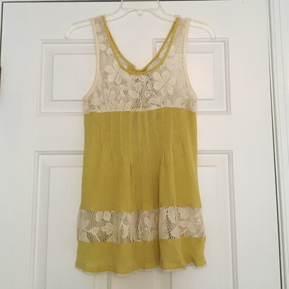 Free People Chartreuse & Lace Tank Top