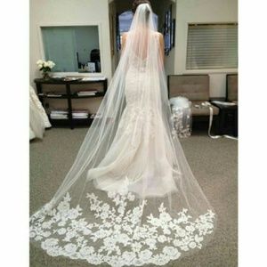 White Bridal Cathedral Length Lace Edge Veil