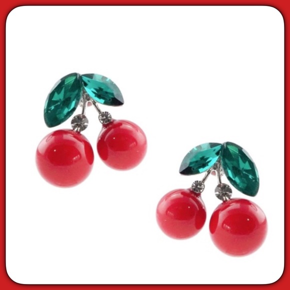 🆕🍒1 Left🍒Cherries with Rhinestones Earrings - Picture 3 of 3