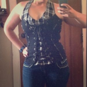 Tripp Corseted Plaid and Black Top