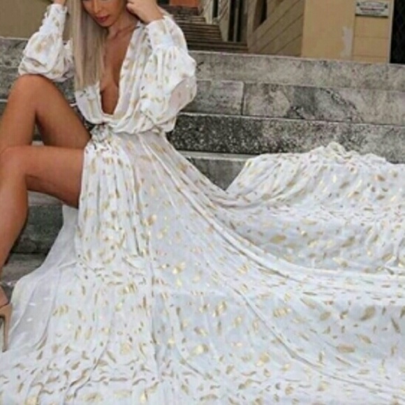 White Gold Feather print maxi dress