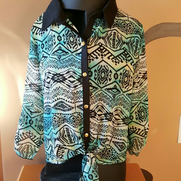 Patterned teal multi colored belly blouse