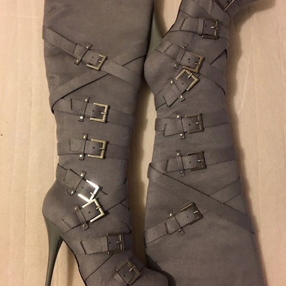 Grey high buckled boots -New