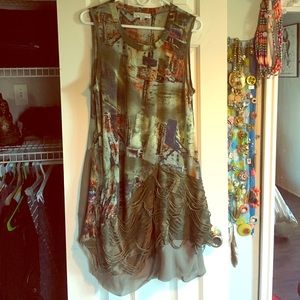 Army green dress, cotton and sheer with print