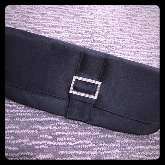 Black satin evening clutch with rhinestone buckle