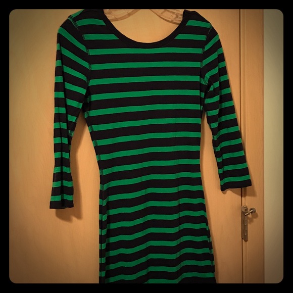 Navy and green striped dress with 3/4 sleeves