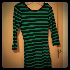Navy and green striped dress with 3/4 sleeves