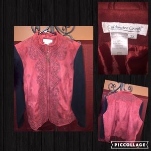 Red suede jacket with bead detail. Ribbed sleeves