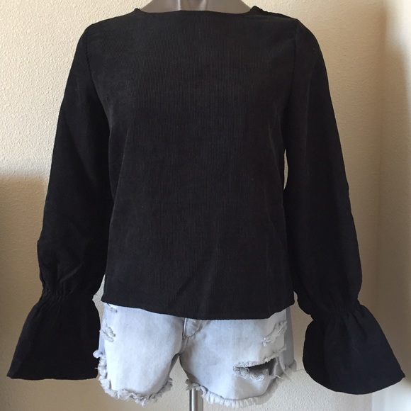 Bell Sleeve Open Back Corduroy Blouse - Picture 3 of 5