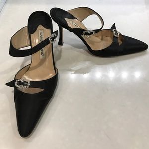 Black satin Manolo heels with 2x jeweled buckles