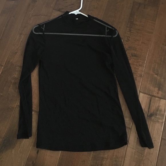 Black completely sheer mock neck, long sleeve top