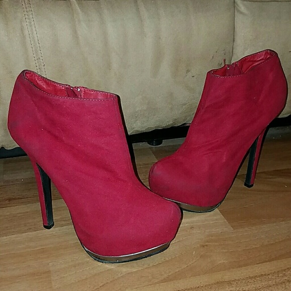 Faux suede red platform booties