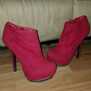 Faux suede red platform booties