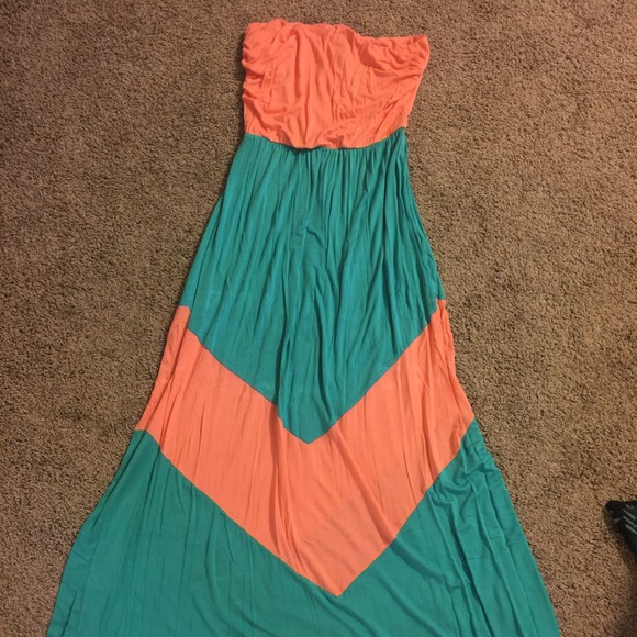 Aqua and tangerine strapless maxi