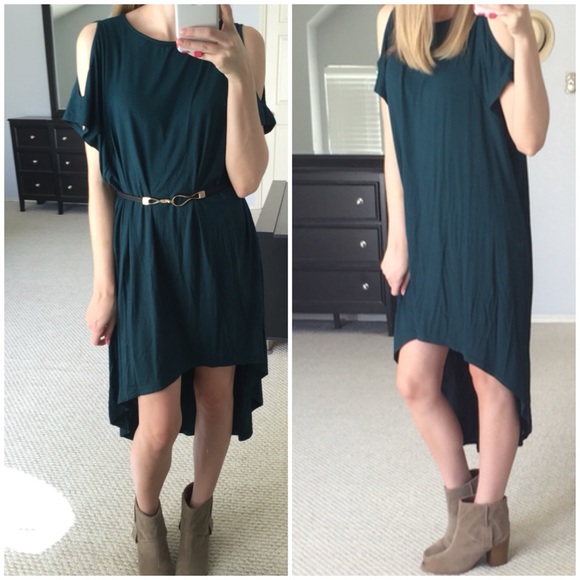 ❗️FINAL❗️Forest Green Open Shoulder HiLo Dress - Picture 2 of 4