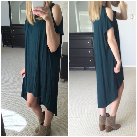 ❗️FINAL❗️Forest Green Open Shoulder HiLo Dress - Picture 3 of 4
