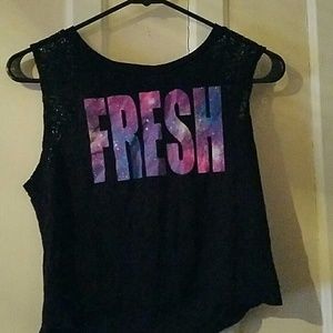 Black "galaxy" pattern crop top.