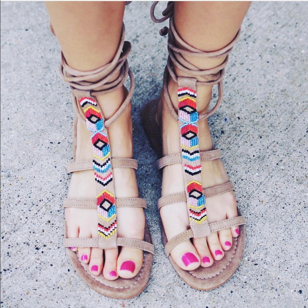 Leather Beaded lace-up sandal