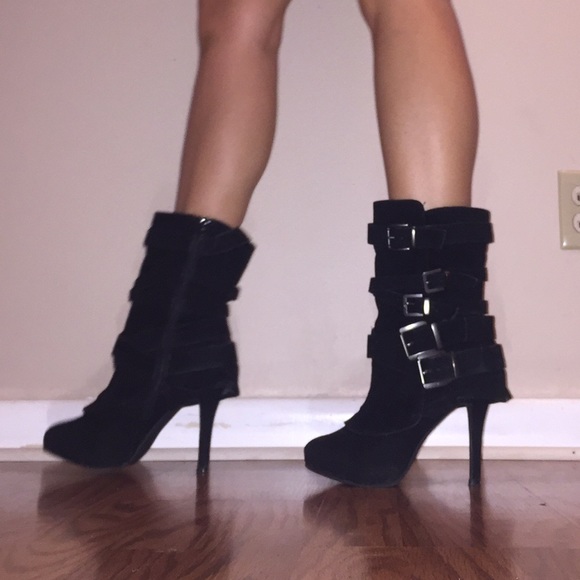 Black faux sued high heeled boots