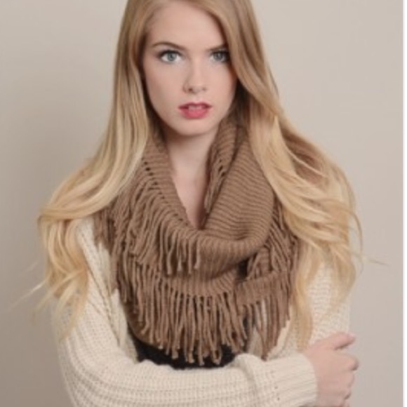 Mocha Ribbed Infinity Scarf Fringe