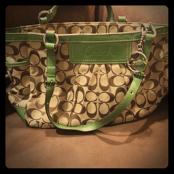 Coach | Bags | Coach Brown Logo Green Leather Handlesaccents  display picture 1