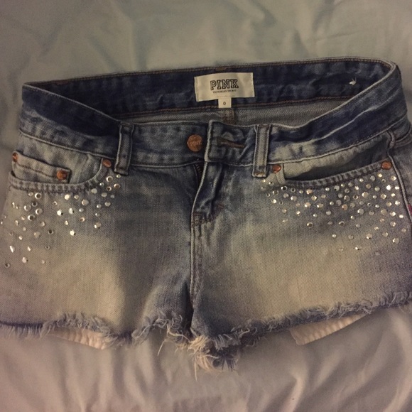 Pink denim shorts with rhinestones