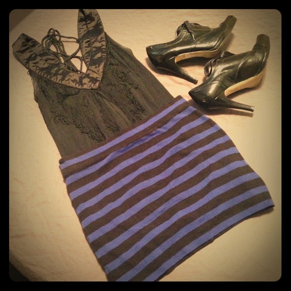 Black and Blue Striped Mini Tube Skirt