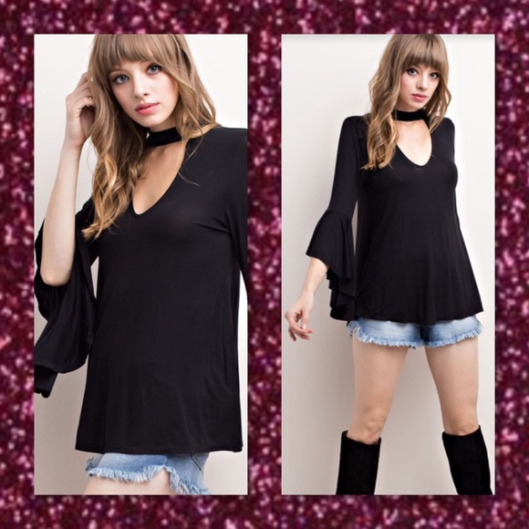 Glam Squad 2 You Tops - 2LEFT🆕Black Choker Bell Sleeve Boho Top