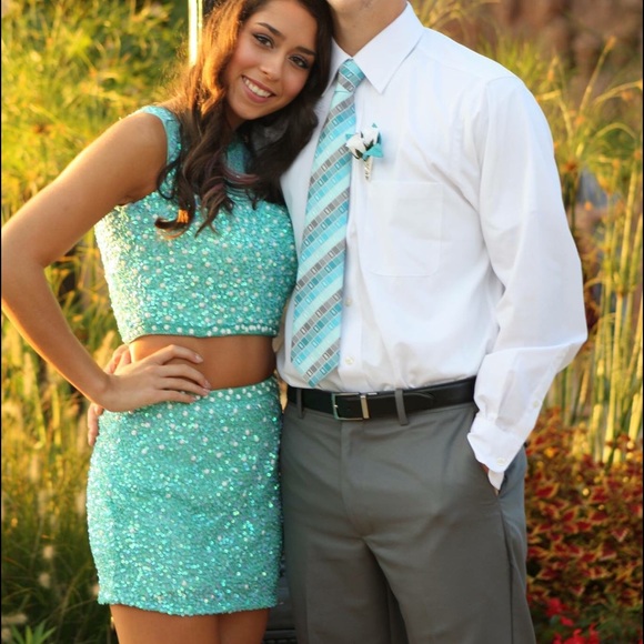 Teal / Turquoise Sequin Homecoming 2 Piece Dress - Picture 3 of 4