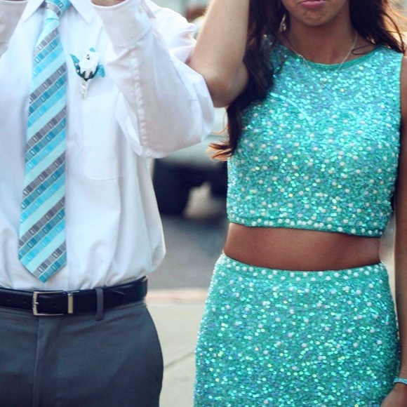 Teal / Turquoise Sequin Homecoming 2 Piece Dress - Picture 4 of 4