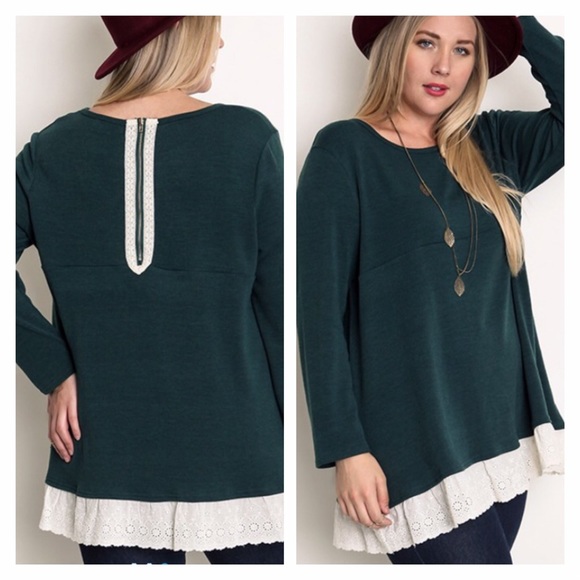 CUTE FOREST GREEN SWEATER WITH LACE HEM - Picture 2 of 2