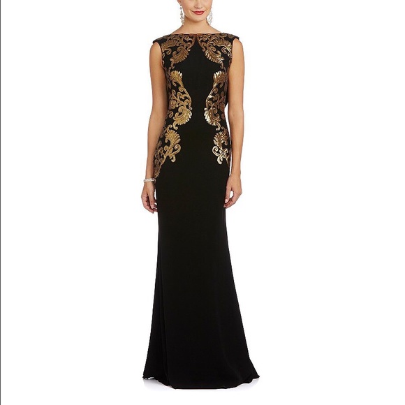 Tadashi Shoji Black and Gold Medallion Drape Gown