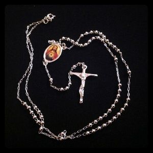 White gold filled Jesus cross rosary necklace