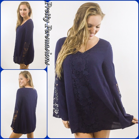 SOLD OUT Navy Floral Lace Crochet Bell Slv Tunic - Picture 2 of 4