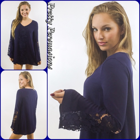SOLD OUT Navy Floral Lace Crochet Bell Slv Tunic - Picture 3 of 4