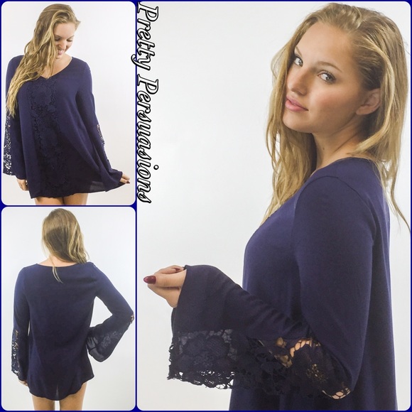 SOLD OUT Navy Floral Lace Crochet Bell Slv Tunic - Picture 4 of 4