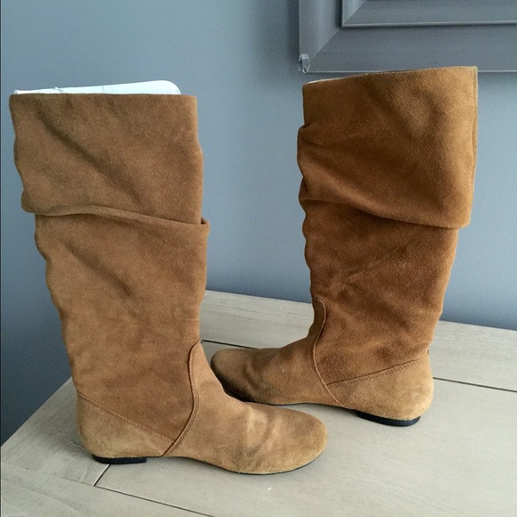Suede mid calf boots, tan, slouchy, size 5