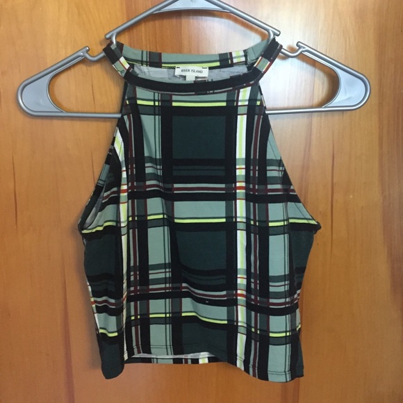 Green plaid halter crop top