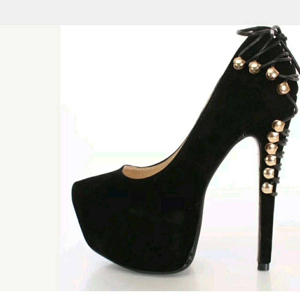 Black Lace Up Corset Gold Stud Faux Suede Heels