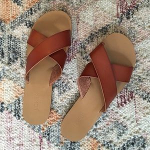 Jcrew Cognac Leather Cross-Strap Slide Sandals