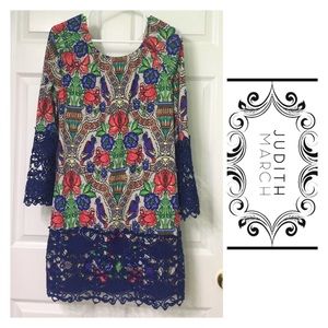 NWOT Judith March Floral & Bird Lace Trimmed Dress