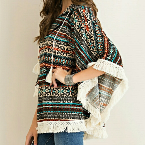 Fall Fringed Ethnic Print Poncho - Picture 2 of 4