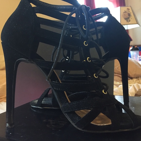 Black suede strap heels