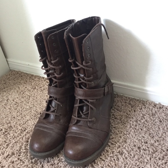 Brown buckle combat boots